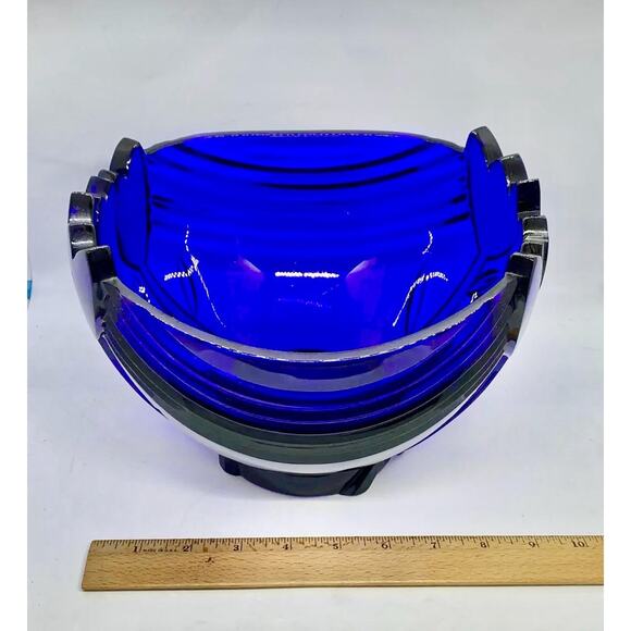 Vintage Cobalt Blue Art Deco Centerpiece Bowl With Tulip Design - Picture 9 of 10